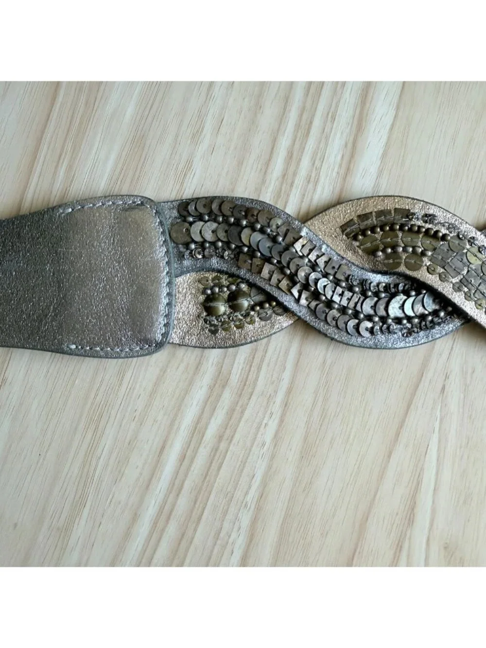 Vintage Womens Leather Belt L Fashion Braided Metallic Gold & Silver Sequins 45